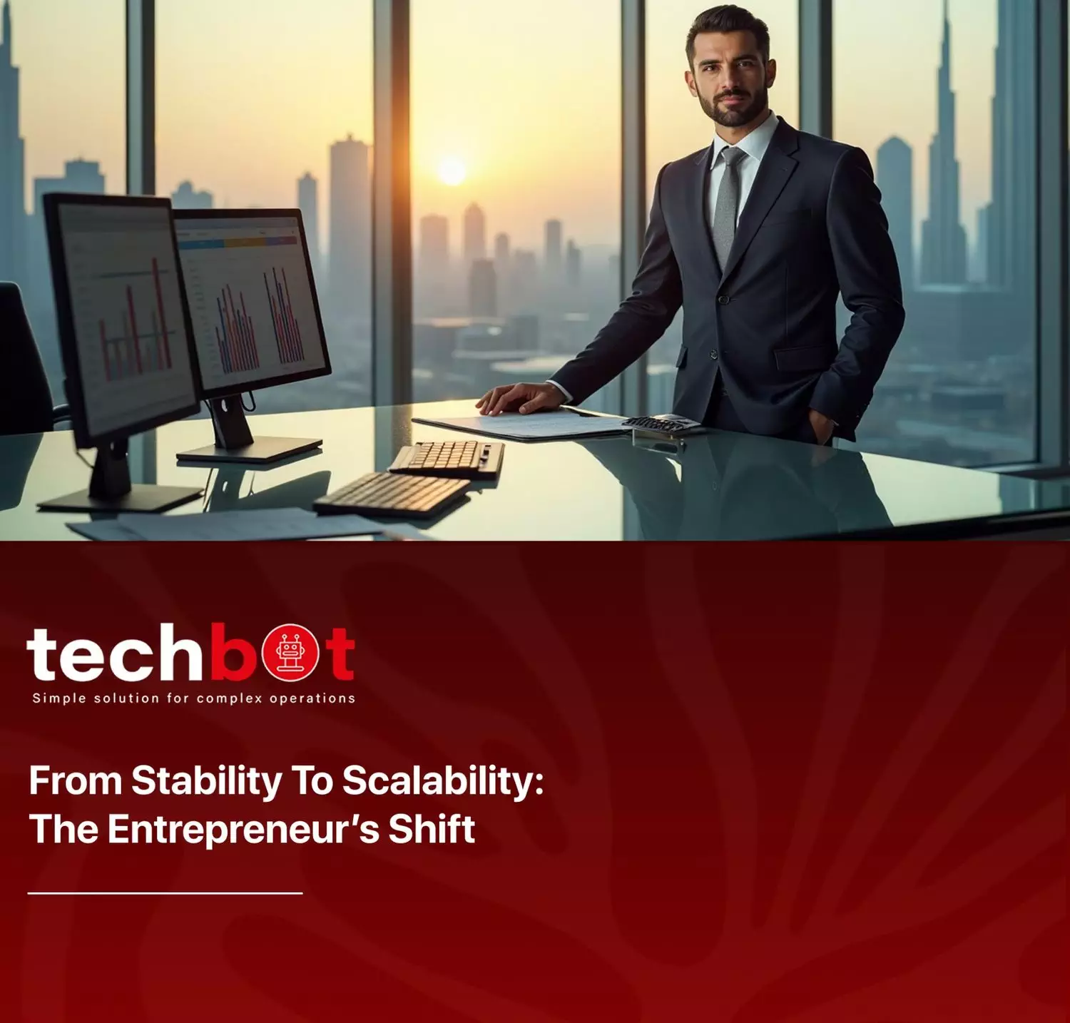 Entrepreneur standing at crossroads between business stability and growth, symbolizing the shift toward scalable success.