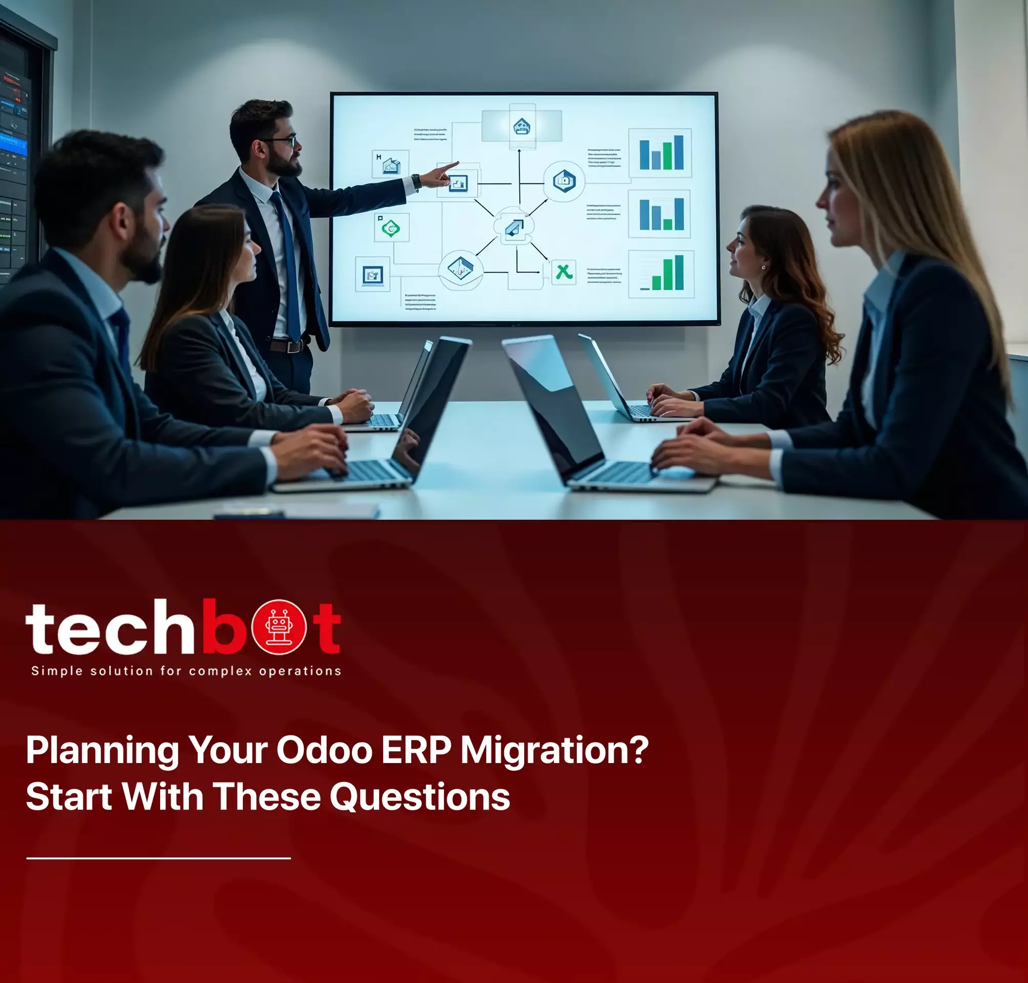 Illustration showing three key phases of Odoo ERP migration—pre-migration planning, technical considerations during migration, and post-migration activities—featuring icons of checklists, gear settings, and user training.